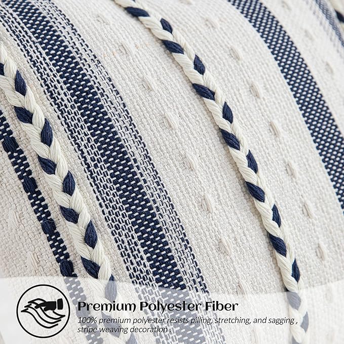 Decorative 2 Packs Boho Navy Blue Striped Lumbar Pillow Covers 12x20 Inch Coastal Accent Long Throw Pillows, Neutral Farmhouse Textured Throw Pillow Cases for Couch Bedroom Living Room Chair