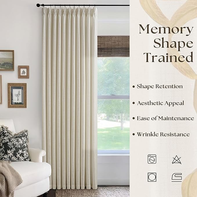 Extra Wide Pinch Pleat Curtains 120 Inches Long for Patio Sliding Glass Door Beige Linen 70 Inch Wide Curtain Memory Trained Pleated Drapes Hooks Rings 70x120 Curtain for Large Window 1 Panel