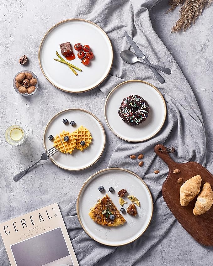 famiware Star Salad Plates for 6, 8 inches Plate Set, Stoneware Dinnerware, Small Dinner Plates for Dessert, Salad, Appetizer, Cappuccino White