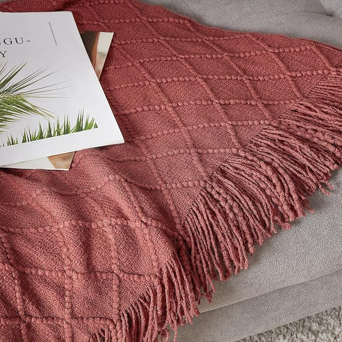 BOURINA Burgundy Throw Blanket 50x60 Inches Throw Textured Solid Soft Sofa Couch Decorative Knit Blanket
