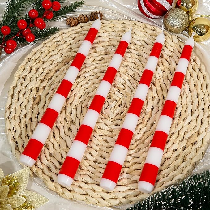 2 Pack Christmas Taper Candles, 10 Inch Unscented Candlesticks with Red Stripe Design for Holiday Table Centerpiece, Fireplace Mantel, Winter Weddings, Advent Wreaths, Seasonal Home Decor