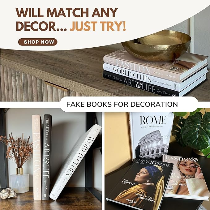 Elegant Decorative Books - Set of 3 Designer Faux/Fake Books for Decoration - Enhance Your Coffee Table, Mantle & Bookshelf Decor - Book Decor Aesthetic Collection - Real Blank Pages Inside