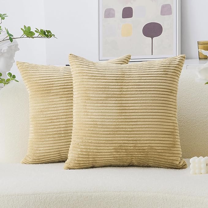 Home Brilliant Set of 2 Decorative Plush Velvet Corduroy Striped Throw Euro Pillow Sham Cushion Cover for Sofa, 26x26 inches, Taupe