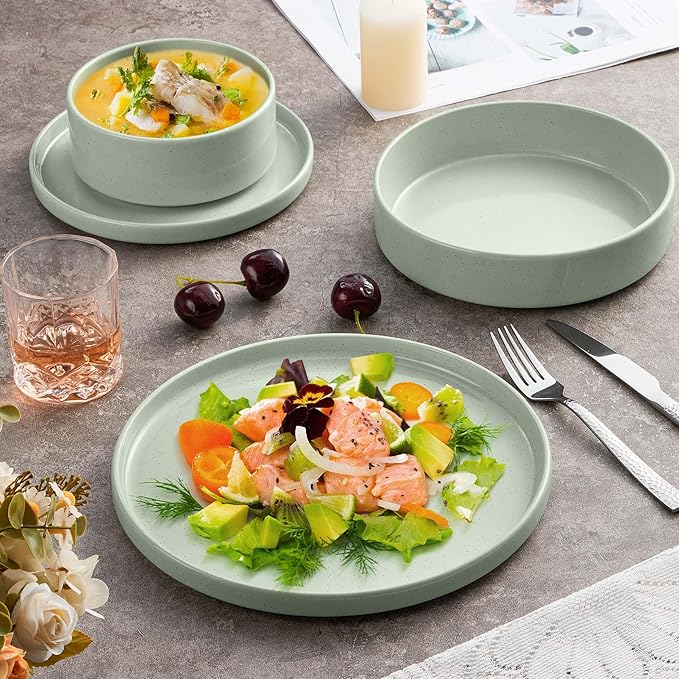 Herogo 24 Piece Plates and Bowls Set, Kitchen Dinnerware Sets with Pasta Bowls, Dinner Ware Dishes Service for 6, Chip & Scratch Resistant Porcelain Kitchen Dishware, Speckled Light Green