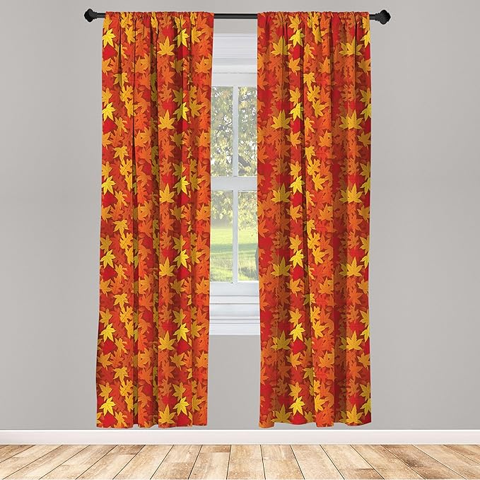 Ambesonne Orange Window Curtain Panels 4 Pack, Colorful Autumn Fall Season Maple Leaves in Unusual Designs Nature Print, Lightweight Set with Rod Pocket, 4 Panels of 28" x 95", Burnt Orange