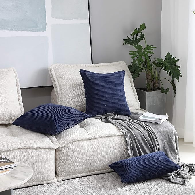 Home Brilliant Striped Decorative Corduroy Velvet Large Euro Sham Set of 2 60x60 cm Couch Throw Pillow Cover for Bed, 24 x 24 inch, Navy Blue