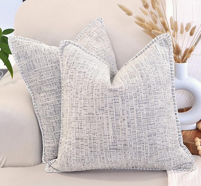 16x16 Pillow Covers Cream White & Black Set of 2, Decor Pillow Covers Square, Textured Soft Chenille Deco Cushion Covers with Trim Edge, Decorative Modern Pillows Cases for Couch Living Room Sofa