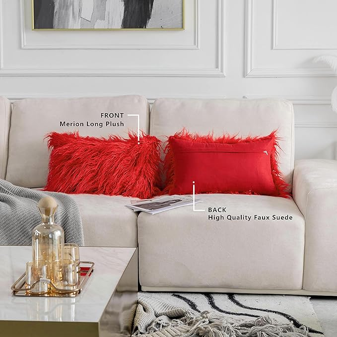 Home Brilliant Pillow Covers 12x20 Rectangle Super Soft Fluffy Faux Fur Oblong Lumbar Throw Pillow Cover for Bed Christmas, Set of 2, 12x20 inch, Red