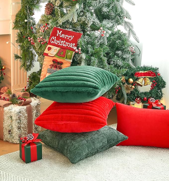 Pack of 2 Christmas Green Pillow Covers 16x16 Inch Decorative Throw Pillow Cover, Velvet Emerald Pillowcases for Couch Sofa Bed, Home Boho Decor, Modern Soft Cushion Covers