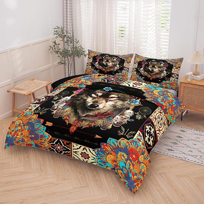 Tailor Shop Wolf Bedding Set for Boys Kids Bohemian Comforter Sets Full Size Wildlife Hunting Wolf Bed Set with 2 Pillowcases…