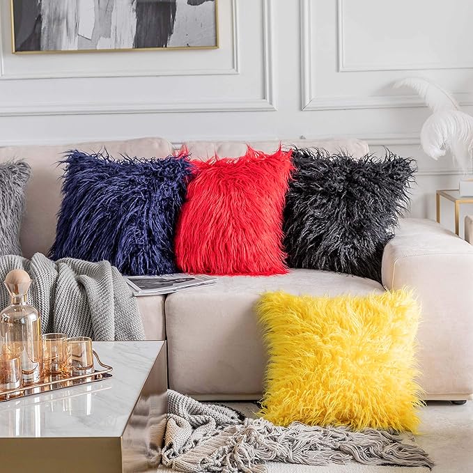 Home Brilliant Yellow Fur Spring Pillow Covers Furry Fuzzy Accent Throw Pillow Covers Decorative for Couch Sofa Bed Holiday Fall Winter Decoration Girl Gift, Set of 2 (18 x 18 Inch, Yellow)