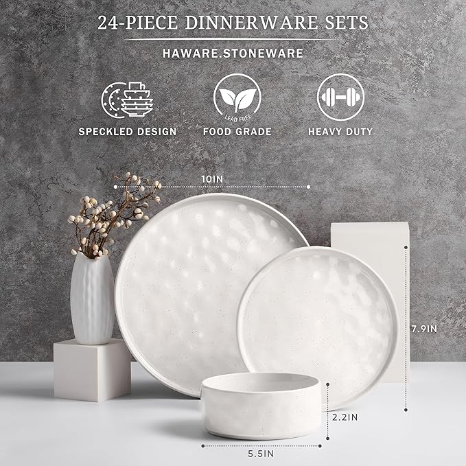HaWare Dinnerware Sets, 24-Piece Plates and Bowls Set, Stoneware Dish Set for 8, Ceramic Dinnerware for Home Restaurant, Chip and Scratch Resistant, Microwave and Dishwasher Safe, Speckled White