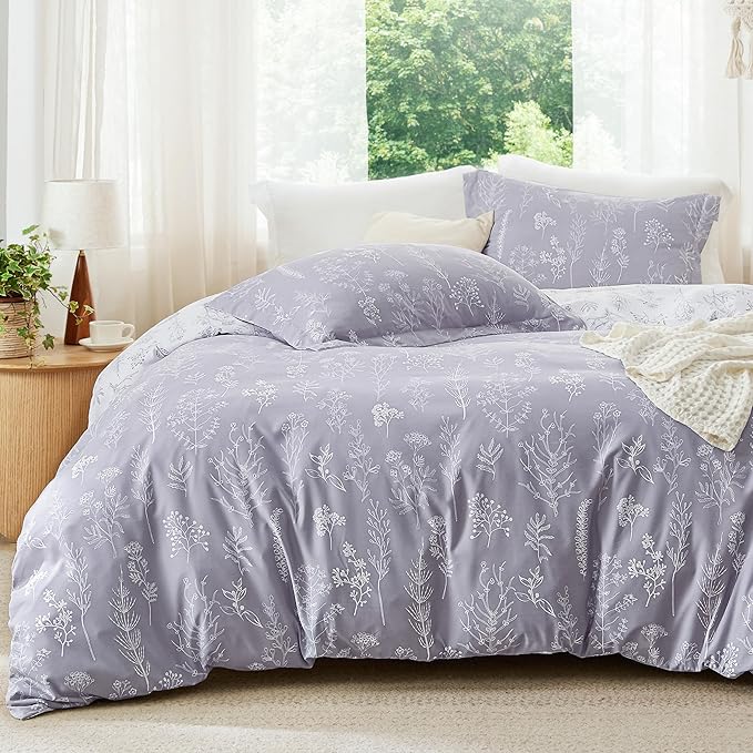 Bedsure King Comforter Set - Lavender Bed Set, 3 Pieces Cute Floral Bedding, 1 Soft Reversible Botanical Flowers Comforter and 2 Pillow Shams