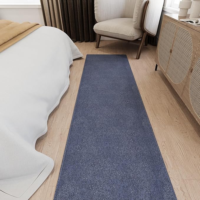 Ottomanson 2'7" x 28' Ultra-Thin Hallway Runner Rug - Durable Non-Slip Carpet for High-Traffic Areas - Fits Under Doors for Seamless Entry - Ideal for Kitchen, Entryway, Bedroom & Living Room, Navy