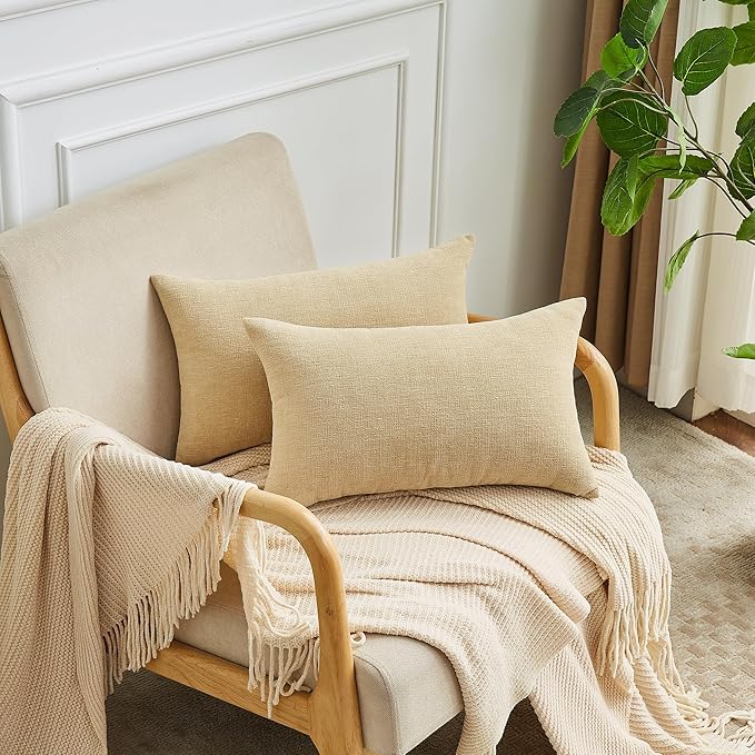 GAWAMAY Lumbar Decorative Throw Pillow Covers 12"x20" Inch Set of 2, Super Soft Chenille Rectangle Pillowcase for Living Room Bedroom Sofa Couch Cushion Support Pillow Cover 30x50cm Khaki (No Insert)
