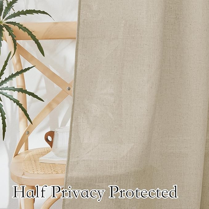 RYB HOME Linen Textured Sheer Curtains 84 inches Long, Privacy Semi-Transparent Sheer Window Curtains for Living Room Bathroom French Door, Deep Beige, W 70 x L 84 inch, 1 Pair