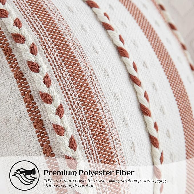 Decorative 2 Packs Boho Burnt Orange Striped Lumbar Pillow Covers 12x20 Inch Coastal Accent Long Throw Pillows, Neutral Farmhouse Textured Throw Pillowcase for Couch Bedroom Living Room Chair