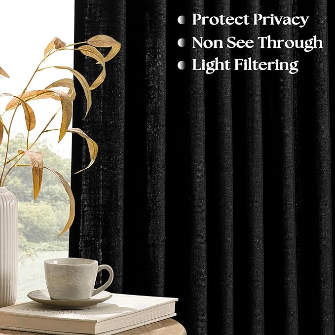 Black Linen Semi Sheer Curtains 96 Inches Long for Living Room Bedroom Light Filtering Black Textured Burlap Pinch Pleated Curtains 96 Length Hooks Rings Back Tab for Sliding Glass Door 1 Panel