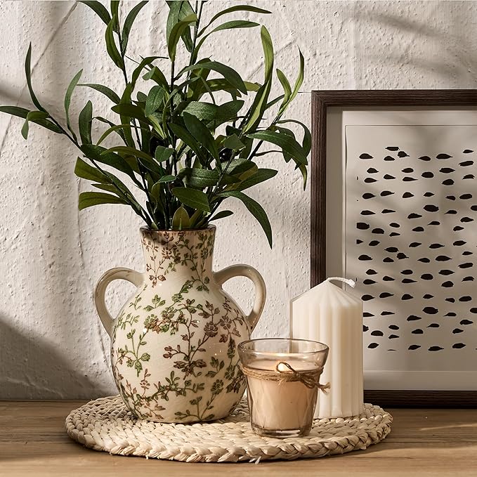 SIDUCAL Ceramic Green and Beige Retro Vase with Handles, 7 Inch Ice Cracked Vintage Pastoral Vase, Rustic Farmhouse Vases for Home Decor, Table, Living Room, Shelf Decor, Chinoiserie Decor