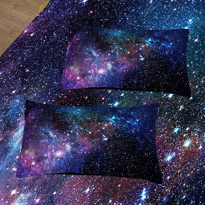 Tailor Shop Galaxy Comforter Set Universe Outer Space Blue and Purple Starry Sky Night Pattern Bedding Set for Girls Boys Kids King Size with 1 Comforter 2 Pillowcases……