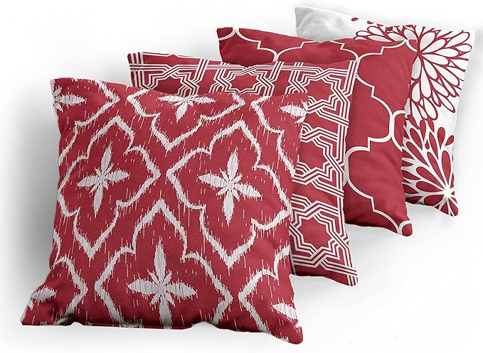 Ambesonne Vintage Throw Pillow Cushion Case Pack of 4, Monochrome Design Grid Trellis Quatrefoil Mesh and Dahlia Flowers Modern Print, Modern Accent Double-Sided Digital Printing, 20", Ruby and White