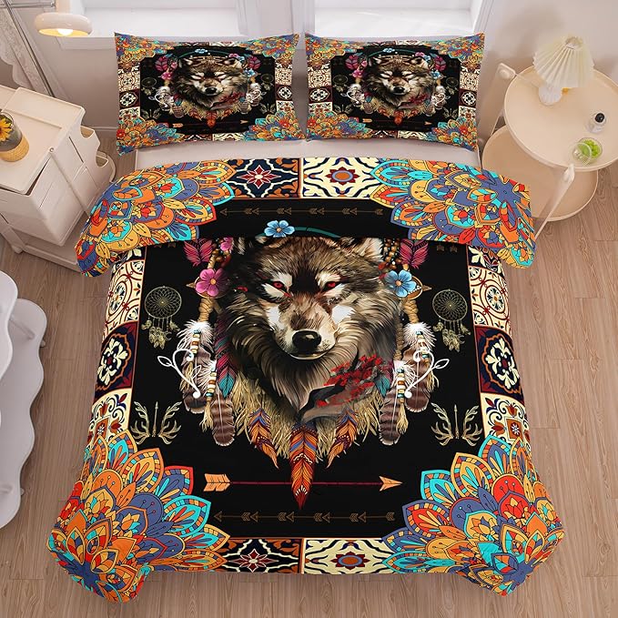 Tailor Shop Wolf Bedding Set for Boys Kids Bohemian Comforter Sets Queen Size Wildlife Hunting Wolf Bed Set with 2 Pillowcases…