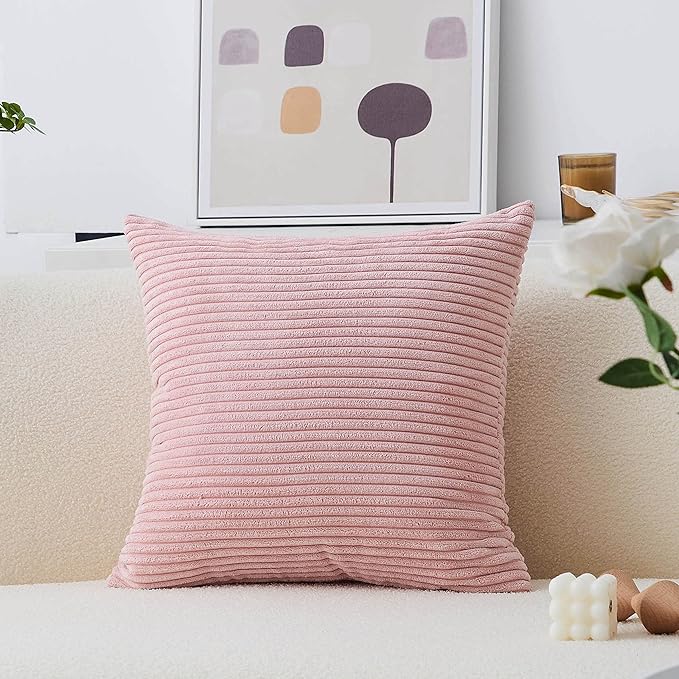 Home Brilliant Pink Throw Pillow for Bedroom Stripe Plush Velvet Corduroy Throw Euro Pillow Sham Decorative Pillow Cover for Sofa Wedding for Room, 26 x 26 inch (66cm), Baby Pink