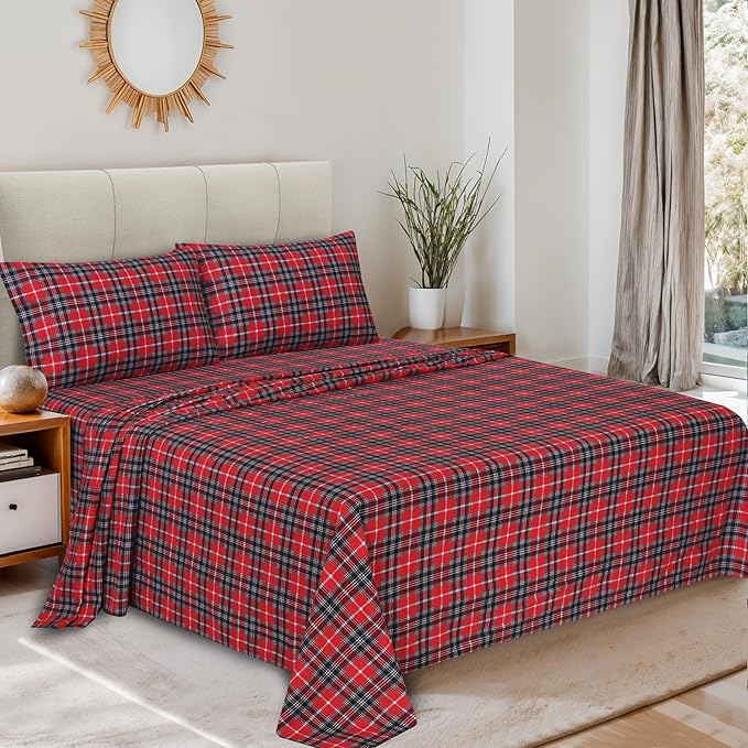 RUVANTI Flannel Sheets Queen Size - 100% Cotton Double Brushed Bed Sheets, Deep Pockets 16 Inches Queen Sheet Set, All Seasons Breathable & Extra Soft - Warm & Cozy, 4 Piece, Red Plaid