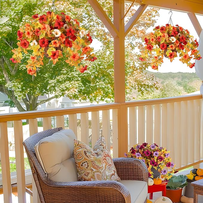 Artificial Fake Fall Flowers with Hanging Basket Plants for Outdoor Decoration, Silk Faux Flower UV Resistant Petunias for Home Porch Patio Garden Balcony Yard Decor Real Looking(Orange White)