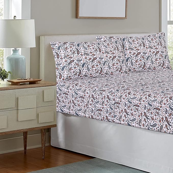 RUVANTI 100% Cotton King Size Sheets Set, 4 Pieces, Soft & Breathable Percale Weave Bedding, Deep Pocket 16", Hotel Standard, Crisp Cool Feel, Durable, Perfect Floral Bed Sheet, Teal Paisley