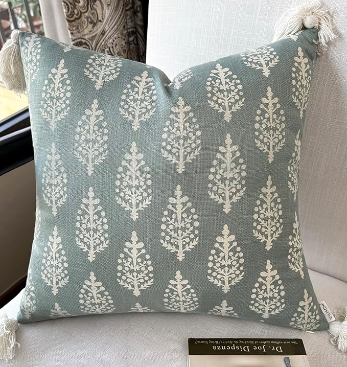 VAGMINE Block Printed Decorative Square Accent Throw Pillow Cover - Sofa, Chair, Couch, Living Room, Bedroom, Farmhouse Home Decor - Chandni Paiseley-Light Teal, 20x20 Inches