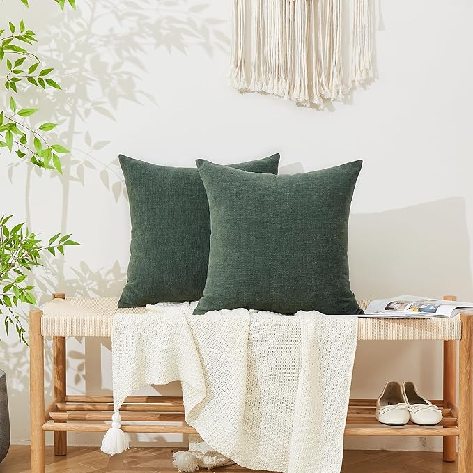 GAWAMAY Decorative Square 16"x16" Inch Throw Pillow Covers Set of 2, Super Soft Chenille Pillows Farmhouse Pillowcase for Living Room Bedroom Sofa Couch Cushion Cover Dark Green 40x40cm (No Insert)
