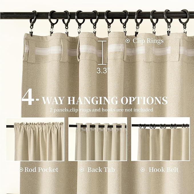 KangBang Linen Blackout Curtains 84 Inches Long, Back Tab Rod Pocket Boho Beige Curtains Room Darkening Soundproof Elegant Thick Linen Drapes for Living Room Baby Nursery(2 Panels, 52Wx84L)