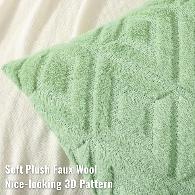 decorUhome Couch Throw Pillow Covers 12x20 Set of 2, Decorative Soft Plush Faux Wool Lumbar Neutral Accent Pillow Covers for Bed Sofa Living Room, Sage Green