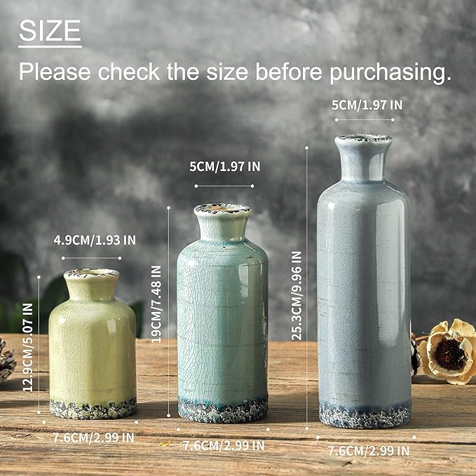 Flower Vase Set of 3, Ceramic Neutral Vases Home Decor, Pottery Rustic Farmhouse Decorative Vases Modern Decor for Table Mantel Entryway Bookshelf Living Room Kitchen Bedroom - Multicolor