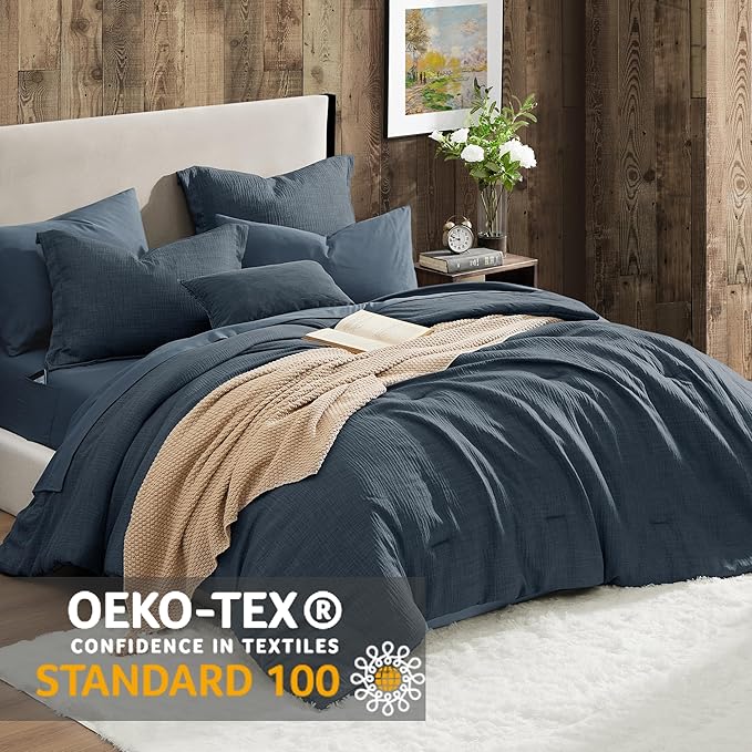 Geniospin King Size Comforter Set- 7 Piece Navy Blue Textured King Bedding Set, Soft Solid Bed in a Bag for All Season, King Comforter Set with Sheets(Navy Blue,102''x90'')