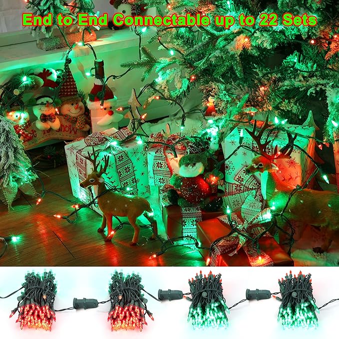 Brizled Red & Green Christmas Lights, 33ft 100 LED Christmas String Lights, 120V UL Certificated Xmas Tree Light Connectable, Mini Xmas Light Set Indoor Outdoor for Holiday Tree Party Home Decor