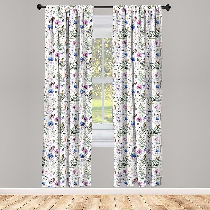 Ambesonne Thistle Window Curtains Pack of 2, Hand-Drawn Watercolor Style Summer Wildflowers Pattern as Cornflower and Thistle, Lightweight Set with Rod Pocket, 4 Panels of - 28" x 63", Green Blue
