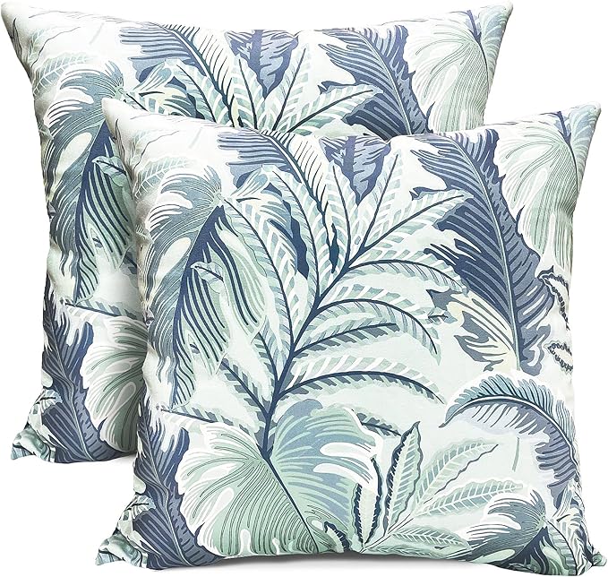 Decorative Throw Pillow Covers Set of 2 Blue Green Large Leaves Pillow Covers 18x18 inch Soft Short Plush Square Floral Throw Pillows,Farmhouse Outdoor Pillow Covers for Couch Living Room