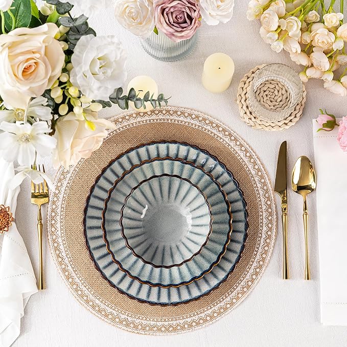 GBHOME Stoneware Dinnerware Sets for 4,Handcrafted Embossed Design Reactive Glaze Ceramic Plates and Bowls, Dishwasher and Microwave Safe, Service for 4(12pcs) (Space Blue, Service for 4)