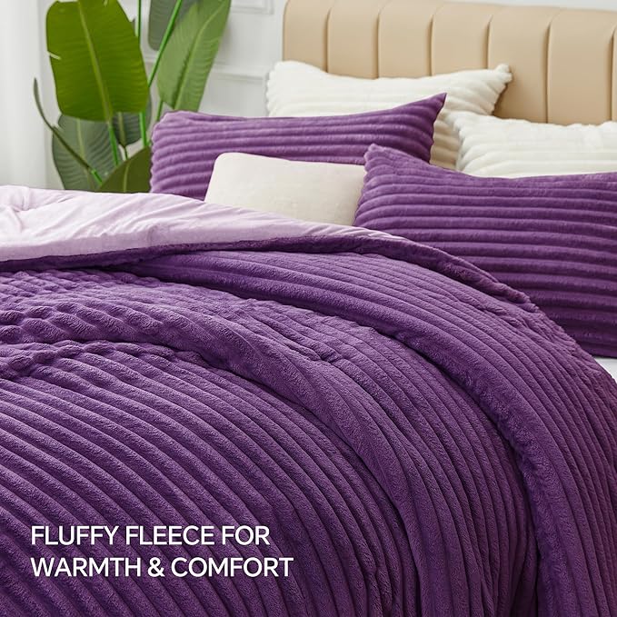 BEDELITE Fleece Twin Comforter Set -Super Soft & Warm Fluffy Purple Bedding, Luxury Fuzzy Heavy Bed Set for Winter with 1 Pillow case