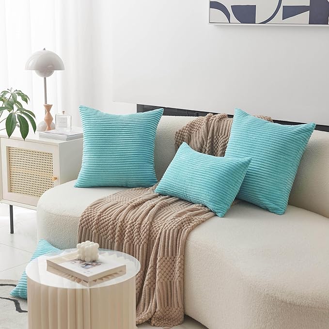 Home Brilliant Teal Throw Pillow Cover Decorative Soft Velvet Striped Corduroy Square Throw Pillow for Couch, 18 x 18 inch(45cm)
