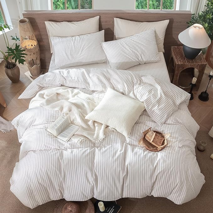 MooMee Striped Duvet Cover Set 100% Washed Cotton Linen Like Textured Breathable Durable Soft Comfy (White Orange Wide Stripes, Full 80"x90")