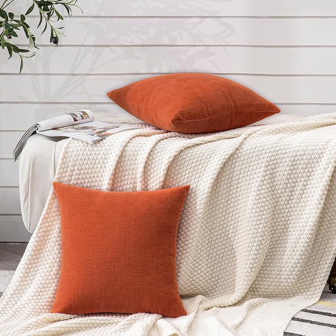 GAWAMAY Decorative Square Throw Pillow Covers 18"x18" Inch Set of 2, Super Soft Chenille Pillows Farmhouse Fall Pillowcase for Living Room Bedroom Sofa Couch Cushion Cover Burnt Orange 45x45cm