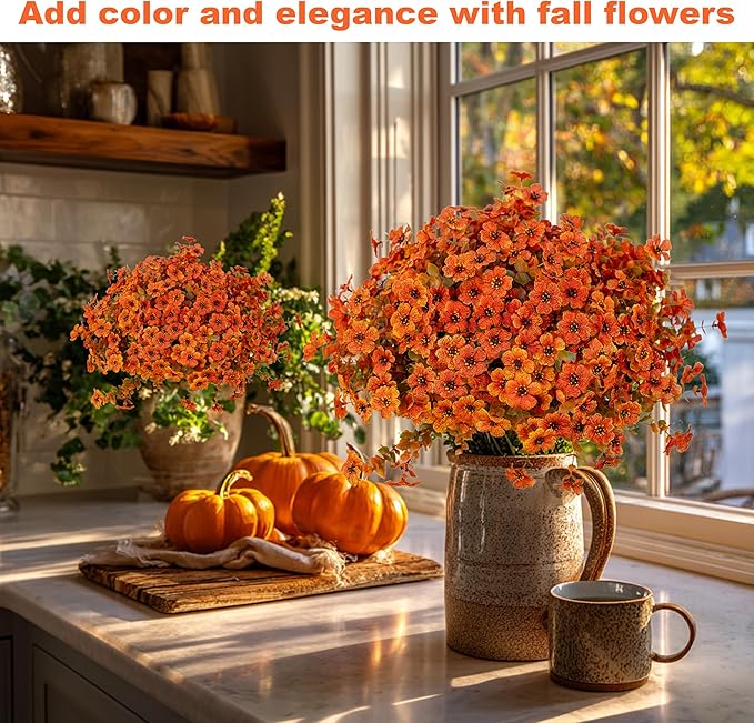 Artificial Fall Flowers Outdoor Fake Mums - 16 Bundles Fake Plants UV Resistant No Fade Faux Plastic Greenery Garden Porch Patio Fall Home Decor (Orangegreen)