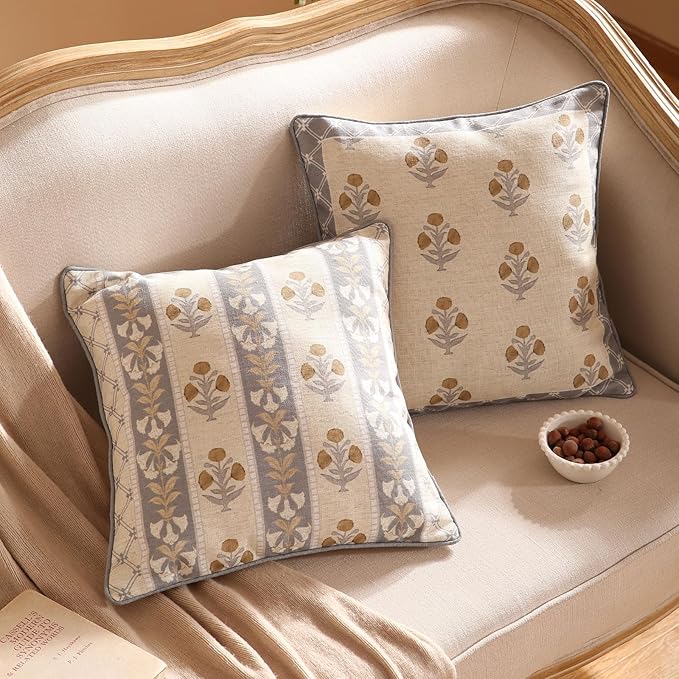 patdrea Designer Square Throw Pillow Covers Set of 2,Rustic Linen with Elegant Grey Blue Floral Pattern Pillows Cover,Decorative Pillowcases Cushion for Bed Living Room Outdoor Car,18 x18 Inches
