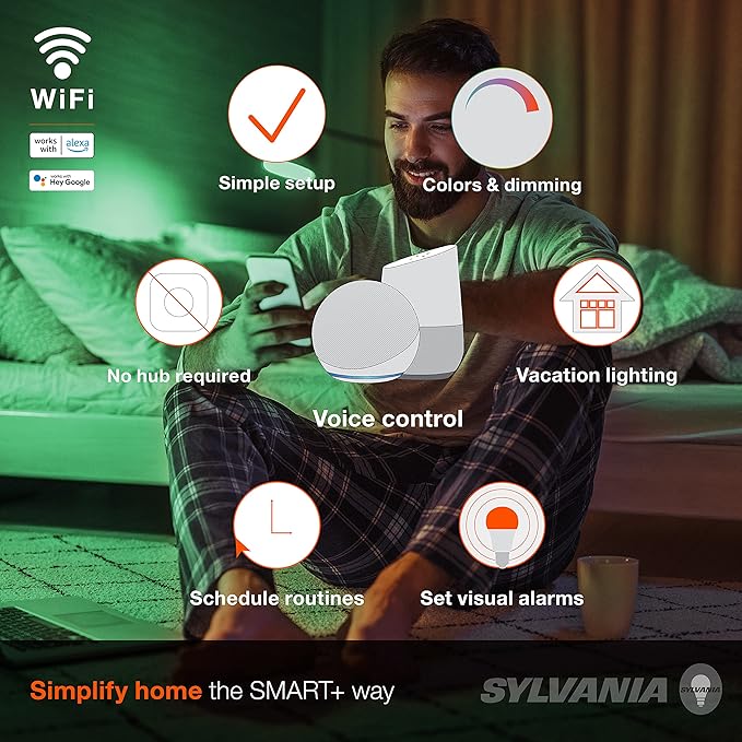 SYLVANIA Wifi LED Smart Light Bulb, 60W Equivalent Full Color and Tunable White A19, Dimmable, Compatible with Alexa and Google Home Only - 4 Pack (75674)