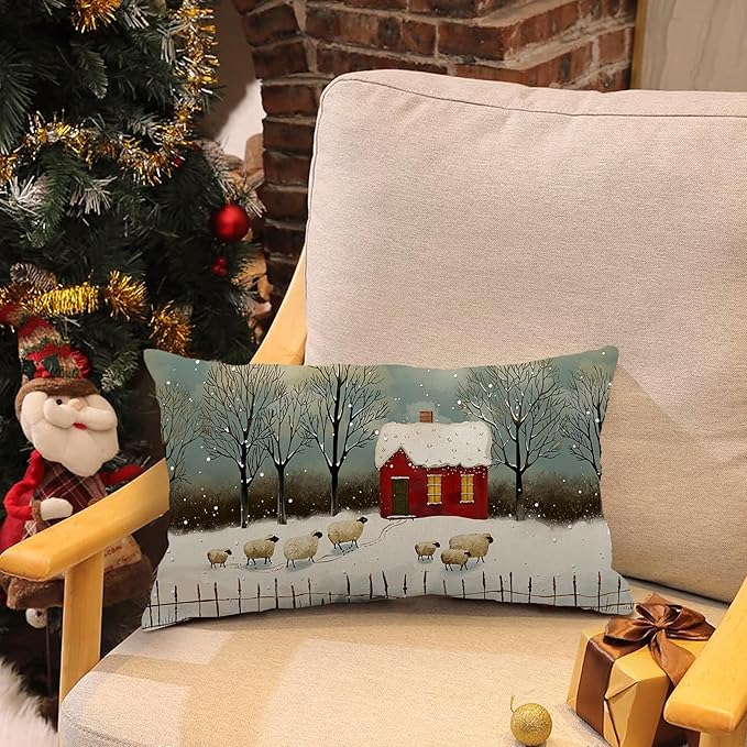 Christmas Pillow Covers - 12x20 Watercolor Snowflake Rustic Style Nature Forest Sheep Decorative Throw Pillows for Winter Decor