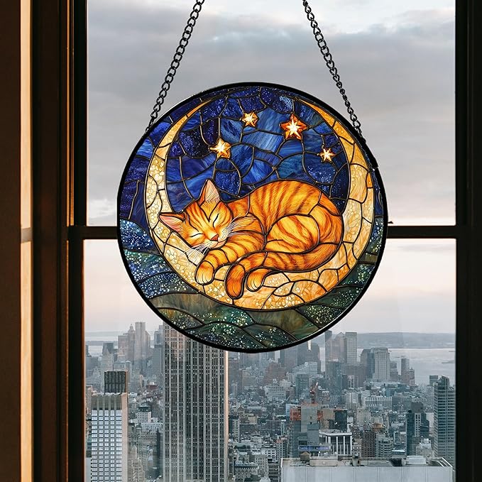 Stained Glass Window Hanging - Orange Moon Sleeping Cat Sun Catcher for Door Home Decor Blue Starry Sky Suncatcher Christmas Mother's Day Birthday Gifts for Women Men Mom Nana 9.8 in