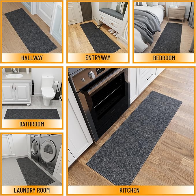 Ottomanson 2' x 6' Ultra-Thin Hallway Runner Rug - Durable Non-Slip Carpet for High-Traffic Areas - Fits Under Doors for Seamless Entry - Ideal for Kitchen, Entryway, Bedroom & Living Room, Black